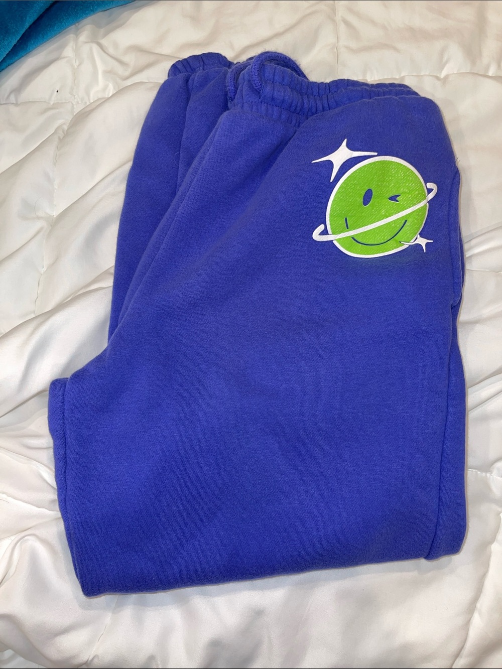 Blue Track Joggers with Green Smiley Planet Graphic